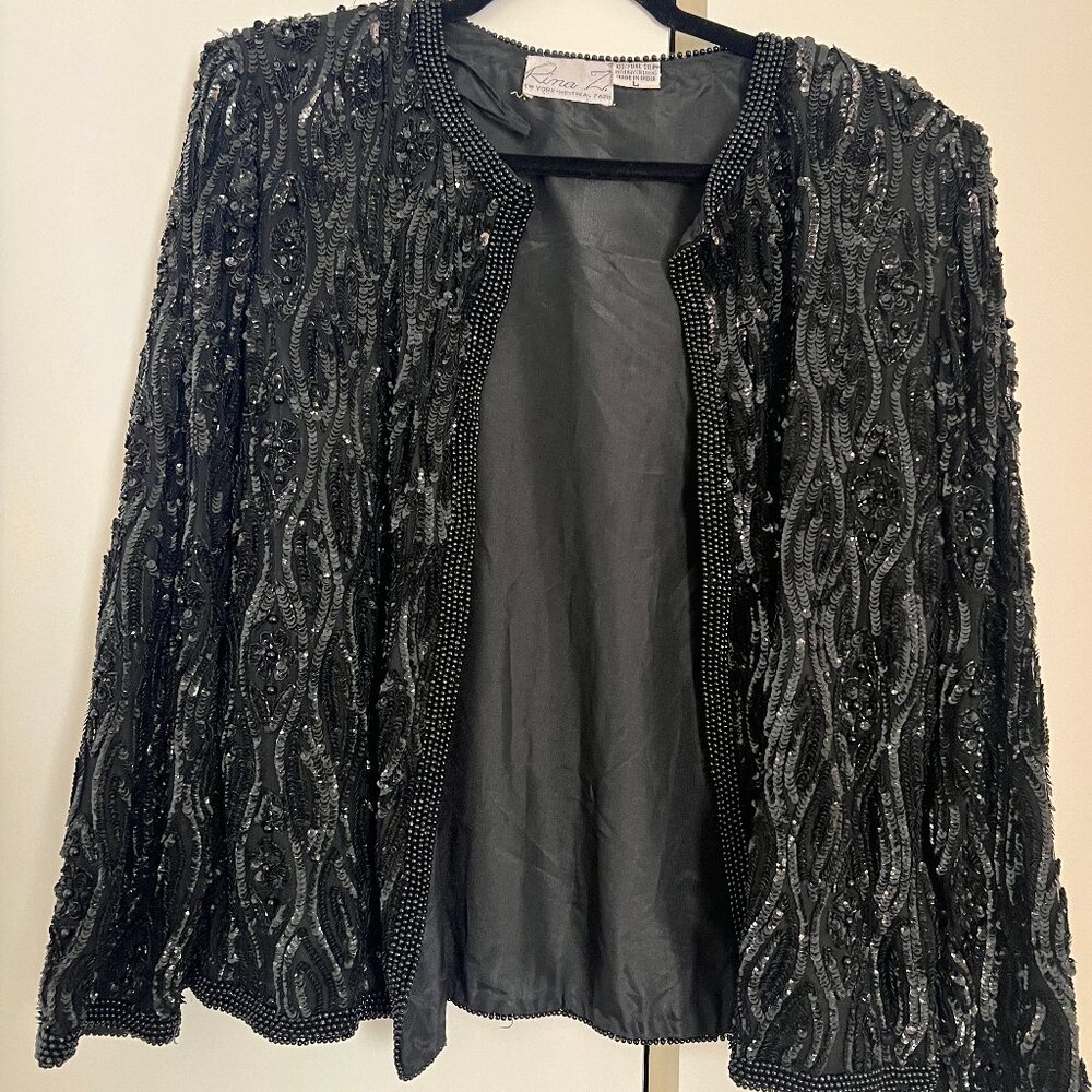 Vintage Rina Z Black Beaded Sequin Jacket Top 100% Silk Party Evening Large